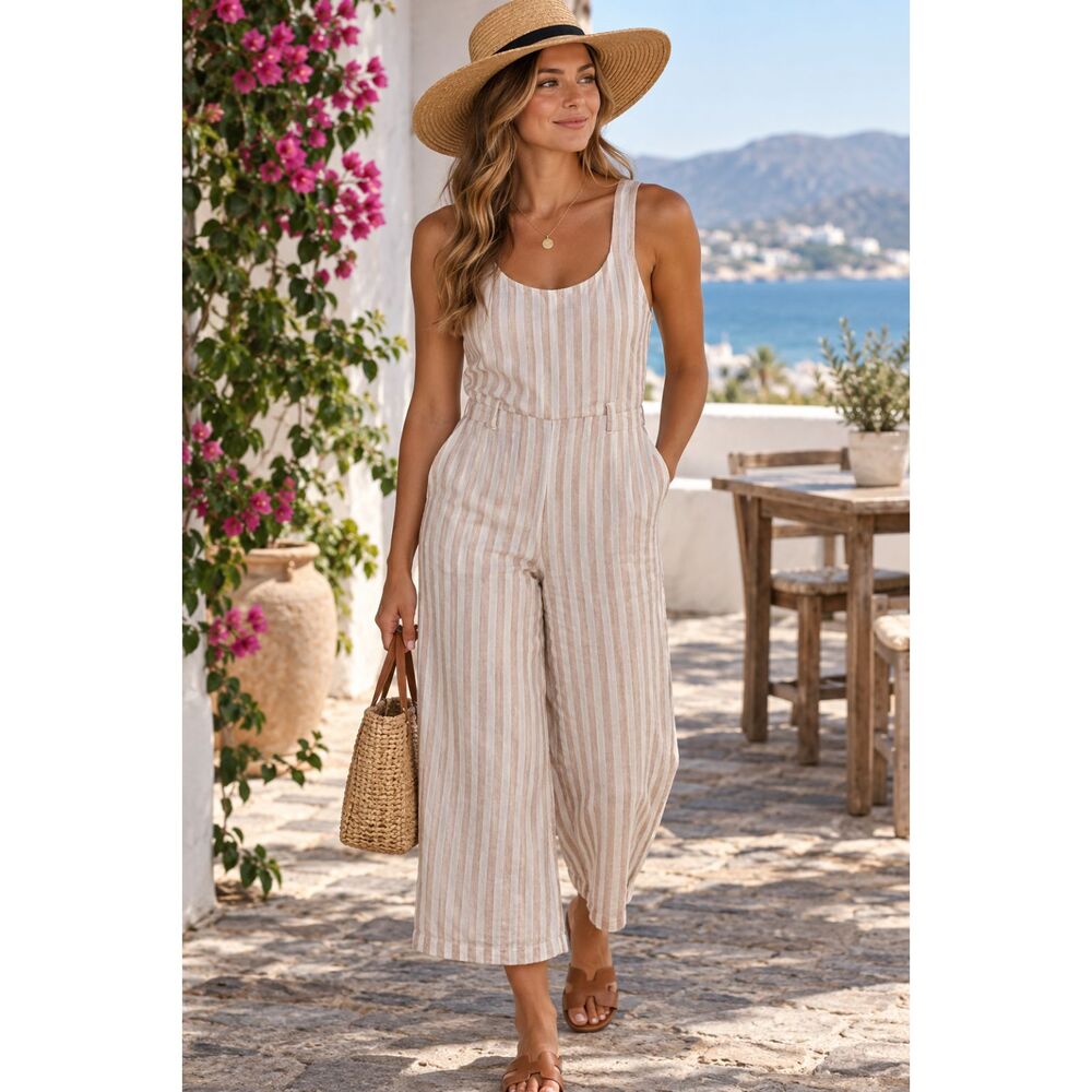Rachel Zoe 100% Linen Cream & Brown Jumpsuit | Size 6